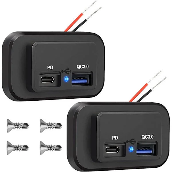 2st 12V USB-uttag, dubbla snabbladdning 3.0 12V-uttag USB-laddare & PD Type-c (USB C), 12V 24V USB-laddare vattentät strömadapter billaddare