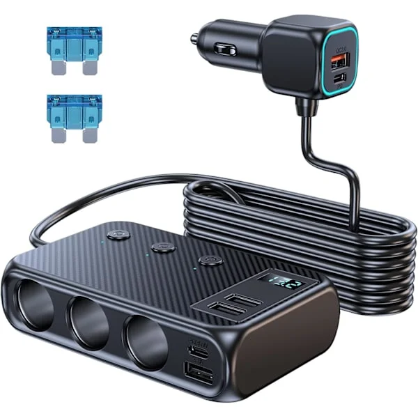 2025 Nyeste Modell Bil Sigarettenner Adapter Splitter, 9 i 1 Sigarettenner USB Lader 3 Socket USB C Billader Adapter med Vol