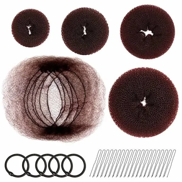 Hår Donut Bun Maker, Hårstylingset för Flickor med 20 Osynliga Hårnät för Knutar, 5 Hårelastiker, 20 Hårsnoddar, Brun