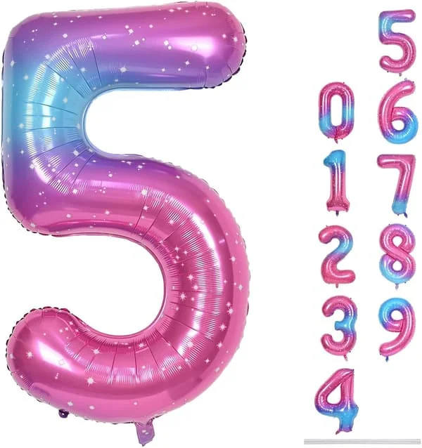 【DT】Regnbuegradient nummer 5 ballong, 40 tommer stor blå rosa lilla folie helium siffer 0-9 for jenter kvinner bursdag jubileumsfest nummer 5