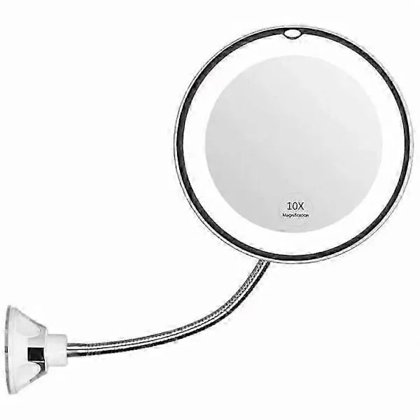 10X Förstoringsspegel med sugpropp, dimbar LED-belysning med kraftlåsande sugkopp med dagsljus och 360 graders vridning, bärbar sminkspegel