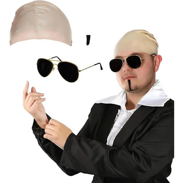 Bald Cap - Latex Bald Wig Cap - 3 Pieces - Bald Pitbull - Includes Fake Beard and Sunglasses - Light Brown-FX-