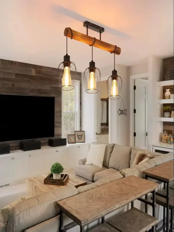 AliExpress - Retro Industrielle Pendelleuchte 2/3/4 Lichter Holz und Metall Schwarze Rechteckige Deckenlampe Höhenverstellbar Käfigschirm E27 Fassung 