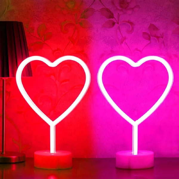 1PK Pink & 1PK Rød Hjerte Neonskilt, Valentinsdag LED Neon Lys Batteridrevet eller USB-drevet Valentins Hjerte Lys, Bordlampe til Galentines