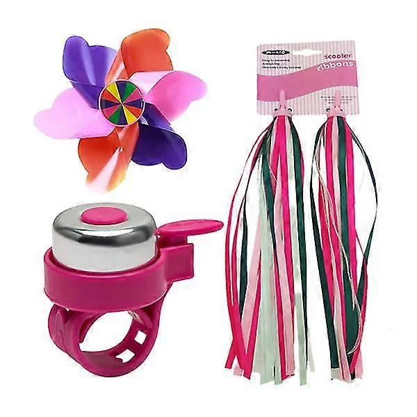 3 st Barncykelhandtag Toppar Klocka Set Scooterband Handtag Flätade Streamers Cykeltillbehör (rosa Toppar, Klocka och Vädervarn)