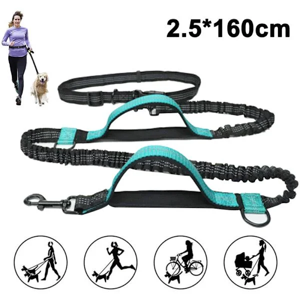 Jogging Hundesnor, Opgraderet Håndfri Hundesnor med To Bungees, Lang Nylon Hundesnor med Justerbart Taljebælte til Løb, Vandgrøn