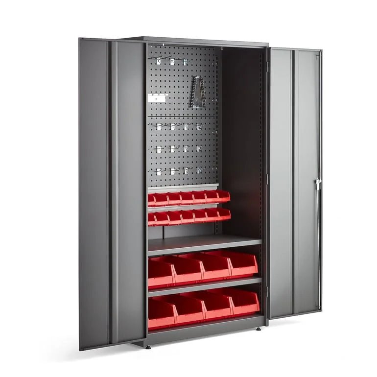 Komplett verktøyskap SUPPLY, elektronisk kodelås, 2 hyller, 2 verktøypanel, 24 bokser, 25 kroker, 19