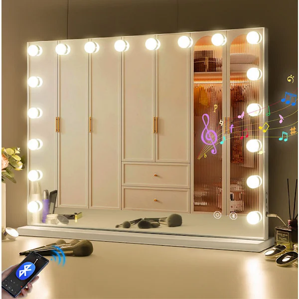 FENCHILIN Stor Hollywood spegel med lampor Bluetooth bordsskiva väggmontering vit 80 x 58 cm