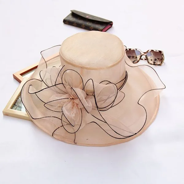 Damer Solhat med Mesh Blomster Dekoration Bred Skygge Strand Solbeskyttelse Hat Organza Top Hat
