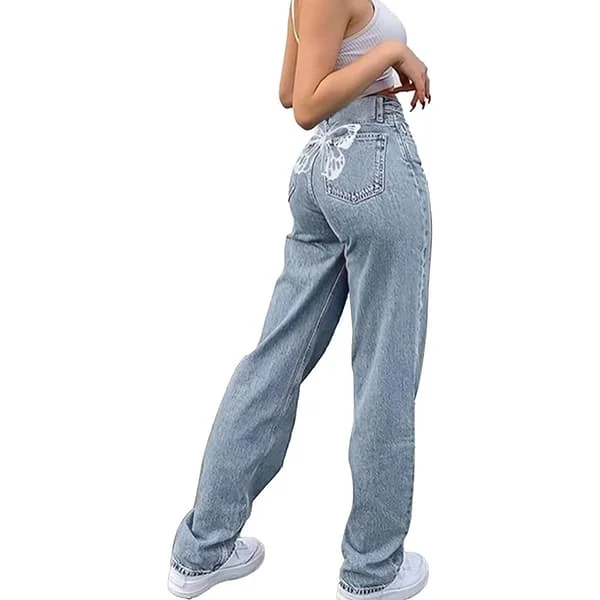 High Waist Boyfriend Jeans For Women 90s Y2K Butterfly Print Wide Straight Leg Blue Pants Jeans (XXL)