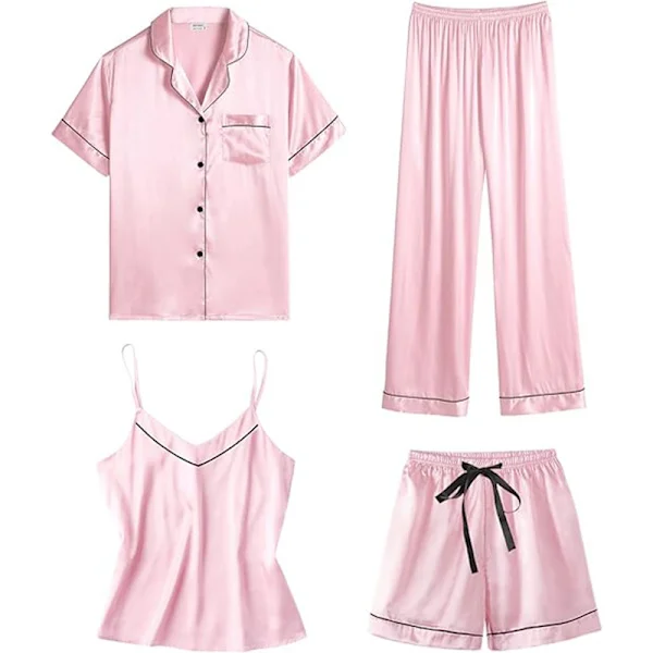 Dam 4-delars pyjamasset i siden satin nattkläder sexiga pyjamas loungekläder Rosa Pink Pink L