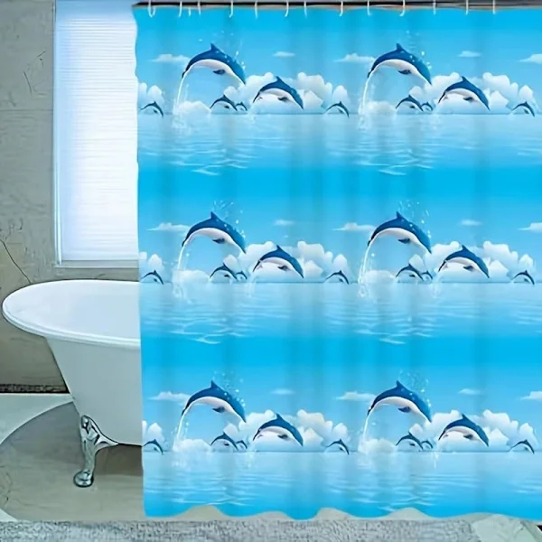 Dreamy Dolphin Sea Angel Shower Curtain - Blue with Playful Dolphins and Waves, Loops for Easy Hanging - Modern Bathroom Decor Blue 80*180cm