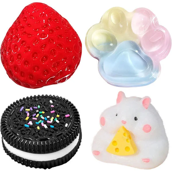 4 st Taba Squishy Set, Strawberry + Hamster + Cat Paw + Hamster + Oreo, Fufu Squishy Squishe Toy Squishies Stress Relief
