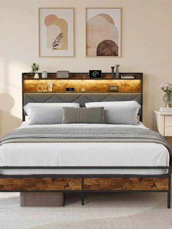 AliExpress - Bettrahmen 140x200 cm, Polsterbett mit LED Beleuchtung & Ladestation, Doppelbett/Einzelbett Gästebett Metallbett, Jugendbett mit Stauraum