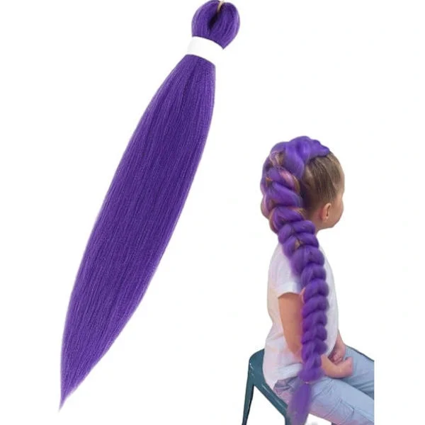 Lilla flettet hår, forhåndsstrukket, hestehale lilla flettet hår, forhåndsstrukket 30 tommer, for scene, fest, Halloween-kostyme, cosplay lilla
