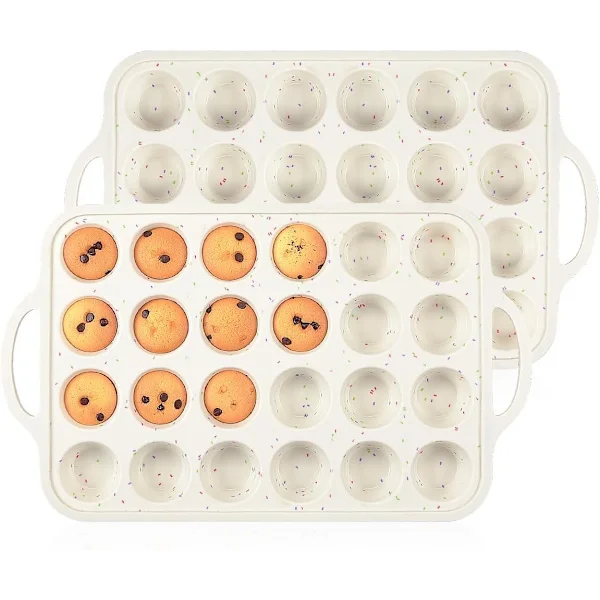 2-pakning Mini Muffinsform, Forsterket Ramme Mini Cupcake Former 24 Kopper Nonstick Mini Muffins Silikonformer med Håndtak