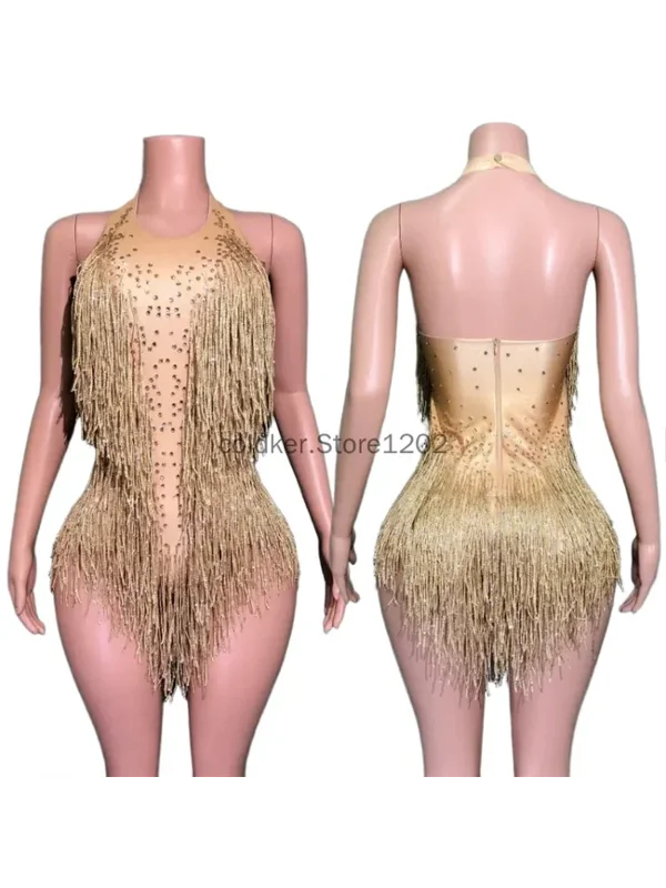 AliExpress - Body à franges en strass doré scintillant pour femmes, cristaux de luxe, Costume de danse à franges pour Club de Jazz latin, tenue Drag 