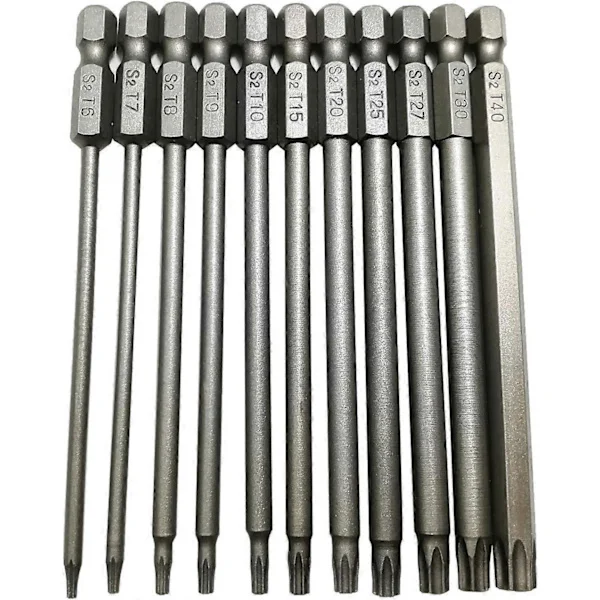 11 lange Torx skrutrekkersett - Hult Torx bitssett - S2 stål - med sikkerhetshode - sekskantet skaft - 100mm - T6 T7 T8 T9 T10 T15 T20 T25 T27