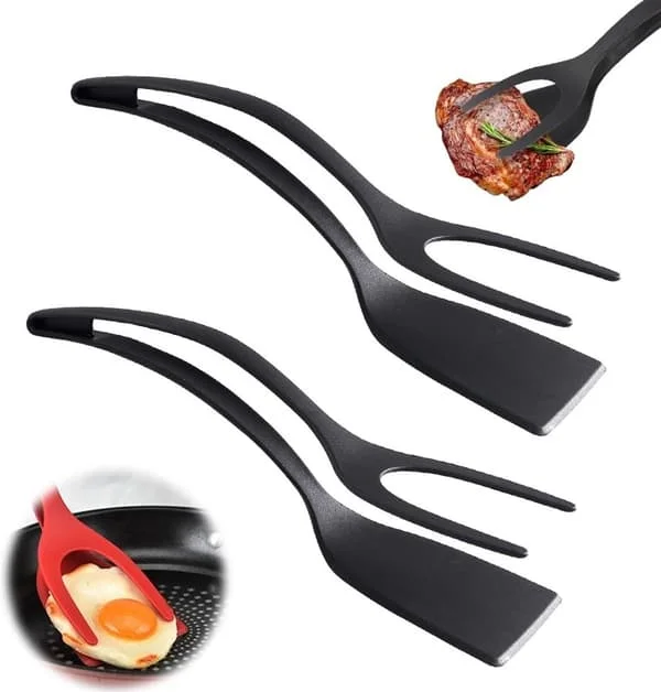 Black - 2 - Egg Turning Spatula - 1 - Turning Spatula Tongs - Silicone - Egg Turning Tool - Fish - Toast - Stick - Cooking Spatula