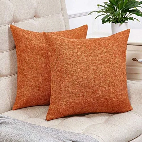 Set med 2 høstlige oransje putetrekk i rustikt lin, dekorative firkantede pynteputer 40x40 cm til sofa- og sofadekorasjon