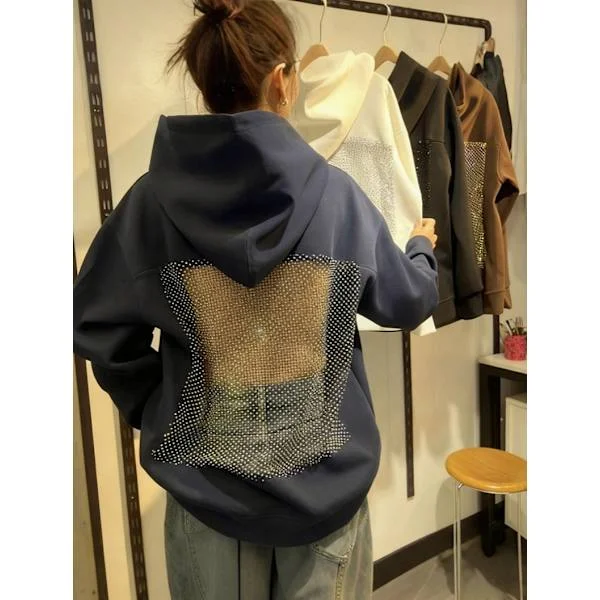 [KK] Dame Crystal Mesh Ryghættetrøje Oversized Sweatshirts Afslappet Langærmet Pullover Sweater Vinter Efterårsoutfits Gave Hvid XXL