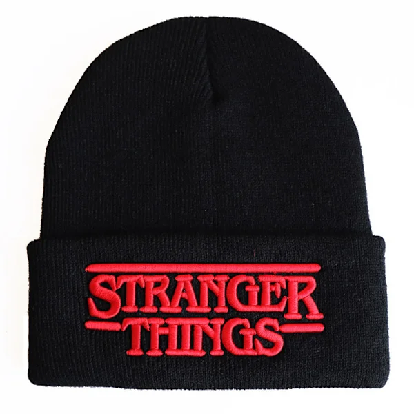 Stranger Things: Alfabet Broderad Stickad Mössa, Stickad Mössa, Stickad Mössa, Hooded Beanie Svart 3D justerbar