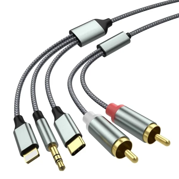Lightning till RCA-kabel Ljud Aux-adapter, RCA till 3,5 mm-kabel, USB C till 2 RCA-ljudkabel, 3-i-1 ljudkabel för bil, hemmabio, högtalare och mer