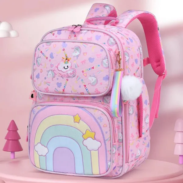 School Backpack 40x 30x 16cm, Large Bookbag, Rainbow Backpack, Casual Kids Backpack for Girls, Pink