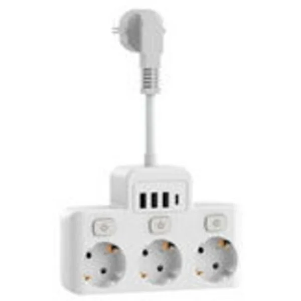 Grenuttag med individuella strömbrytare, 3-vägs grenuttag med 4 USB-portar, 4000W 16A med 5cm kort kabel