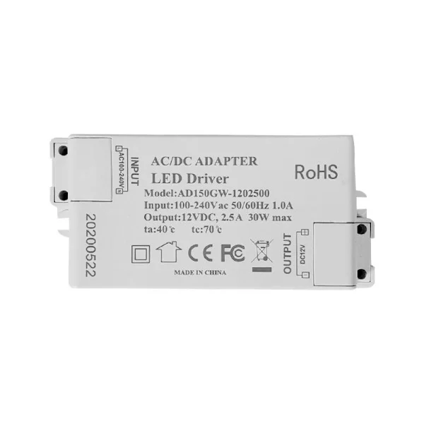 LED-transformator LED-strömkälla - 30W, 12V DC, 2,5A konstant spänning för G4, MR11, MR16 LED-lister och LED-lampor