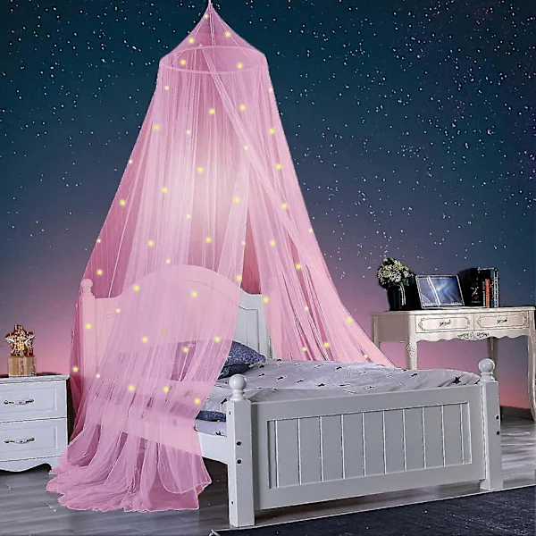 1 sett selvlysende polyesterstjerner prinsesse kuppel sengehimmel rosa-FF-