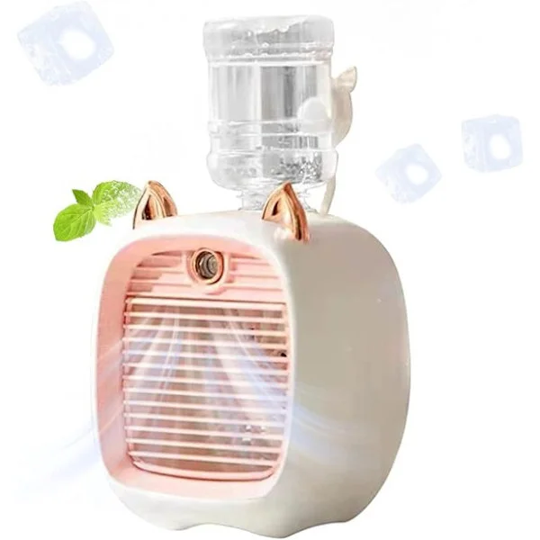 3-i-1 Mini Luftkylare Fläkt – Luftkylare med Atomizer och Nattlampa, 3 Hastigheter – Luftfuktare och LED-Ljus – Rosa