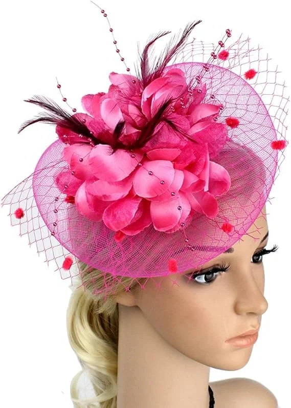 Dame Fascinator Pillbox Hatt Kvinner Blomst Bowler Hatt Fjær Bryllup Cocktail Hatt Hårspenne Party Hatt Hårtilbehør med Hår (Rose Rød)