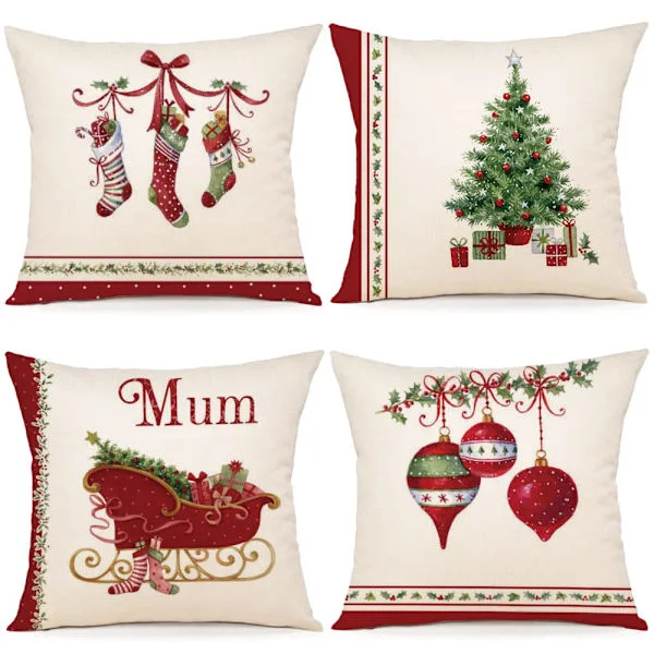 Jul Kuddfodral 45x45 Set med 4 Jul Dekorativa Bomulls- och Linnekuddfodral för Sovrum, Stol, Säng Juldekoration