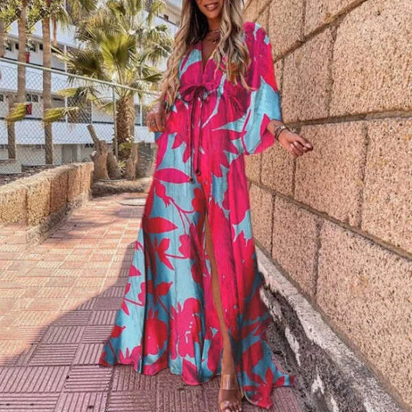 Sommar Maxiklänning för kvinnor Boho-tryck Bikini Cover Up Strandklänning Sexig Blommig Tunika Lång Klänning Baddräkt Vestido Feminino
