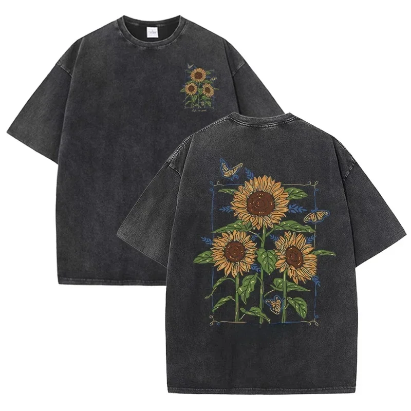 AliExpress - Ascenseur est bon beau tournesol imprimé lavé t-shirts femmes doux coton T-Shirt rue créative à manches courtes été décontracté hauts