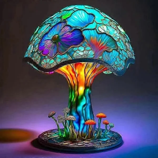 Dekorativ sopplampe i farget glass, nattbordslampe for stue, retro håndlaget nattlysdekor i soppform
