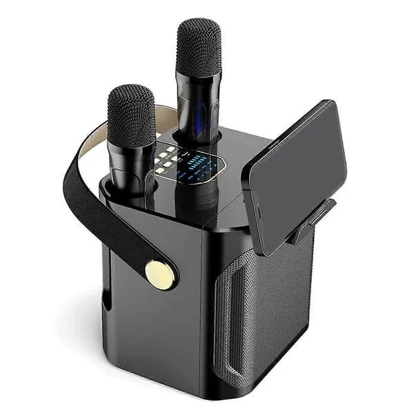 Högdriven Karaoke Bluetooth-högtalare Bärbar 360 Stereo Surround Trådlös Subwoofer med Dubbla Mikrofoner