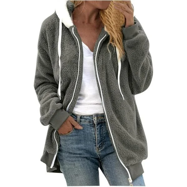 Luvtröja dam teddyfleece kappa övergångsjacka med huva med fickor dragkedja höst vinter plyschjacka fleecejacka vinter XL C Grå
