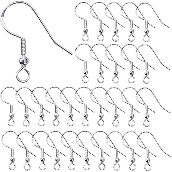 100 st Silver Örhängen Krokar 925 Sterling Silver Öronkrokar Fiskkrok Örhänge med Fjäderboll för DIY Smyckestillverkning (Silver)