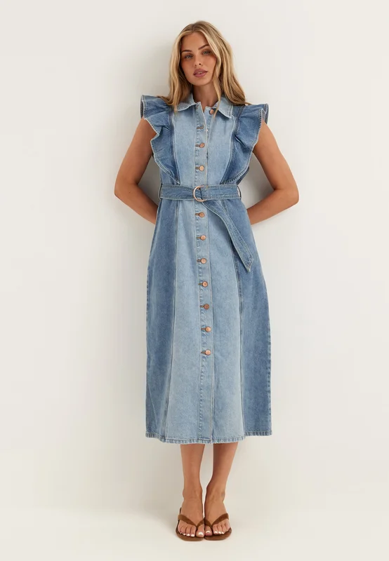 YAS-Yascawi Sl Denim Long Dress-Medium Blue Denim Detail:Light Blue Denim