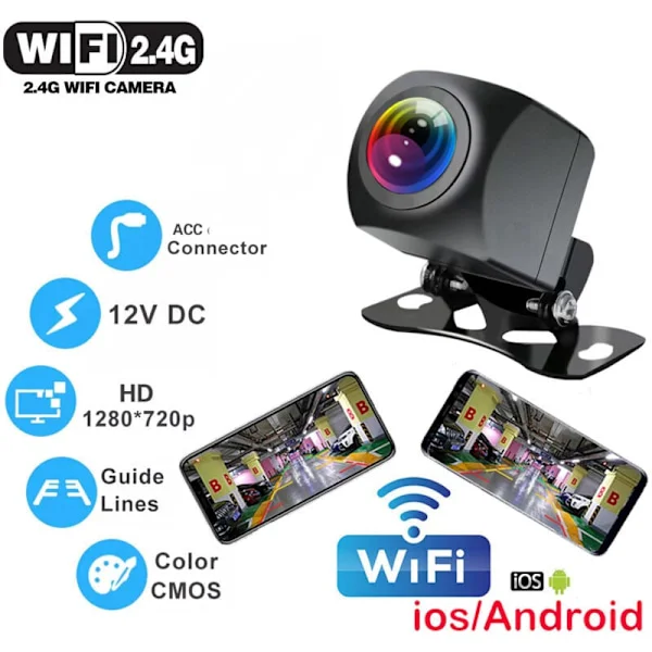 Trådlös bil backkamera med WIFI, 170 grader, Dash Cam, HD mörkerseende, för iPhone, Android, 12V.