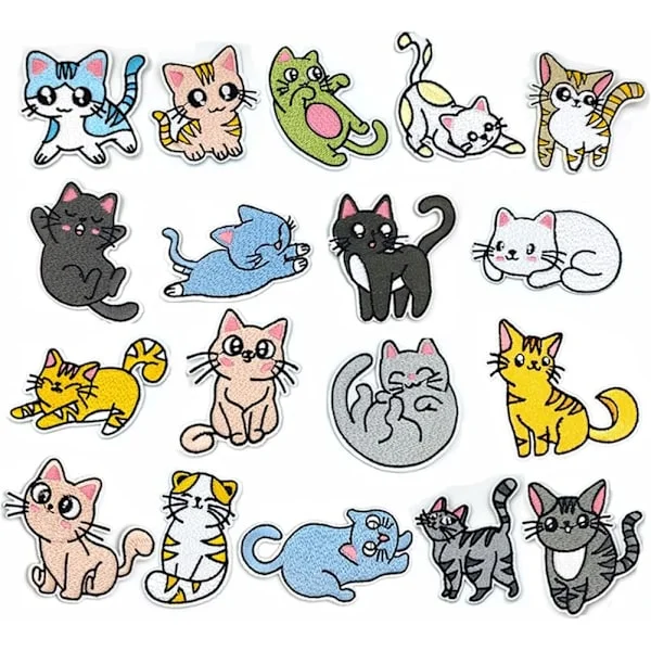 18 st Katt Stryk på Applikationer, Broderade Applikationer för DIY Jeansjackor, Kläder, Väskor, Kepsar (Katt)