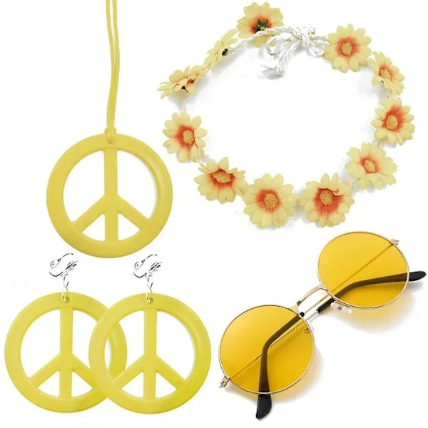 70-talls hippie-kostymetilbehør for kvinner Hippie-antrekk med solbriller, fredstegn-halskjede og (gul)