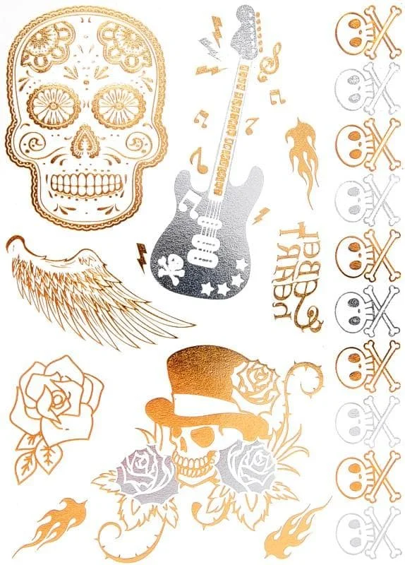 Temporära Metallic Tatueringar / Fake Tattoo Sticker / Smyckestatuering - Rock, Döskalle & Gitarr