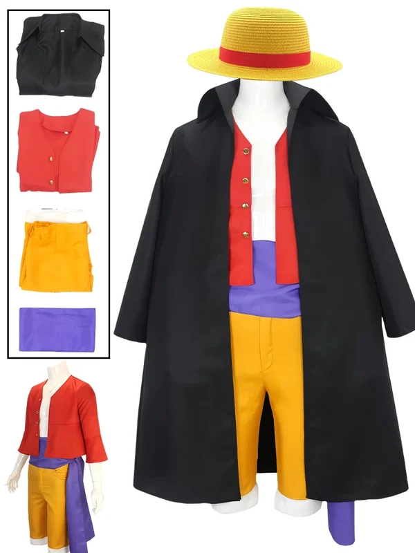 AliExpress - Anime Luffy Cosplay Kostüm Luffy Cosplay Uniform Schwarz Mantel Mantel Hosen Gürtel Hut Halloween Karneval für Männer Comic Con