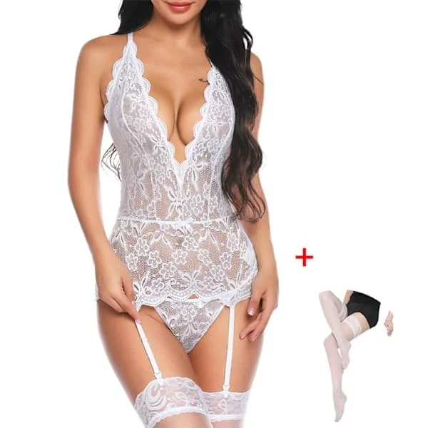 Naisten seksikkäät pitsialusvaatteet - rintaliivit, sukkanauhaliivit, bodystocking ja pikkuhousut Valkoinen XL