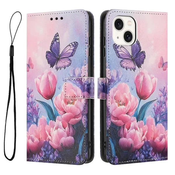 YX-2501 Plånboksfodral för iPhone 15 Plus/ 14 Plus Mönstertryck PU Läder Telefonskal med Snodd
