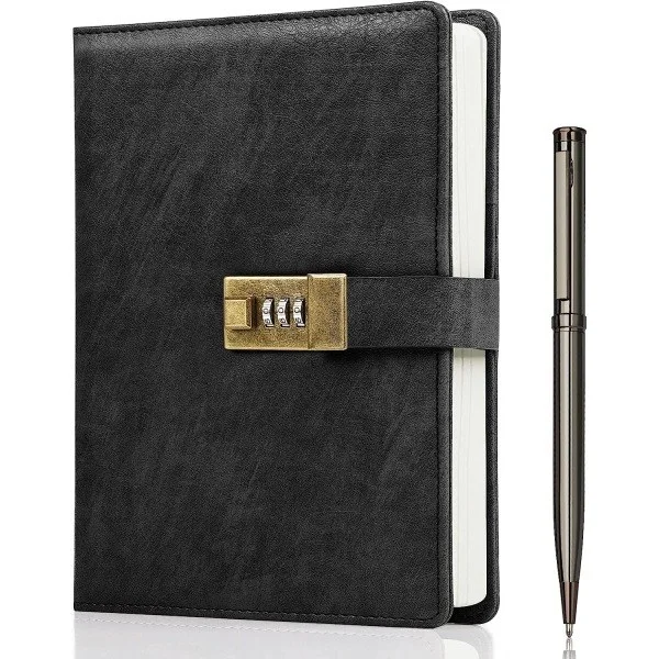 Dagbog med lås, A5 PU-læderjournal med lås 240 sider, Vintage Lock Journal Kodeordsbeskyttet notesbog med pen og gaveæske, 8,6 x 5,8 tommer
