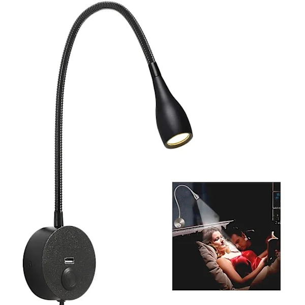 Dimbar Leselampe til Sengekant, Minimalistisk LED Sengelampe Hodegavl Veggmontert med USB-lader (matt svart)